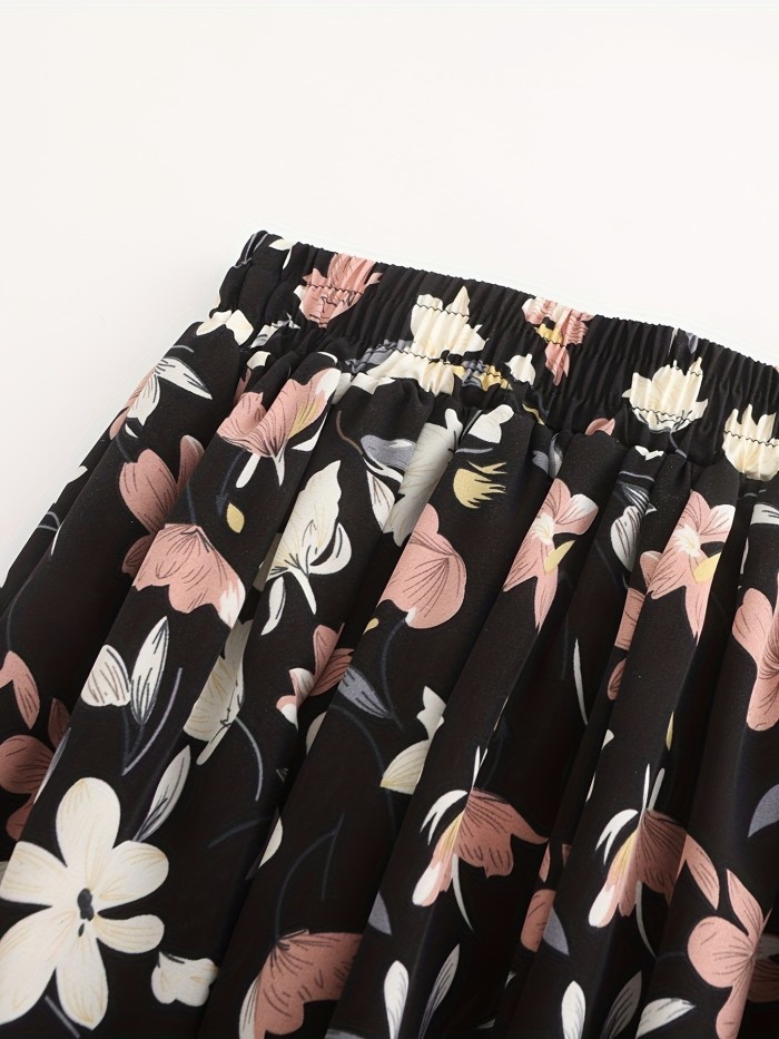 Floral Print Ruffle Hem Skirt, Casual Skirt For Spring & Fall, Women's Clothing