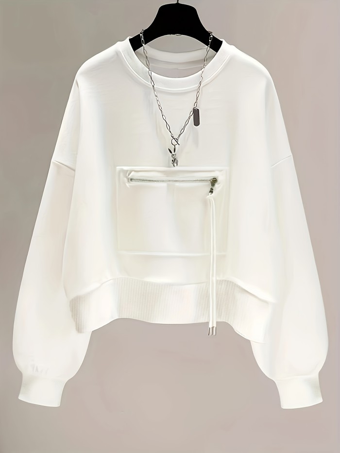 Solid Zip Front Pullover Sweatshirt, Casual Long Sleeve Crew Neck Sweatshirt For Fall & Winter, Women's Clothing