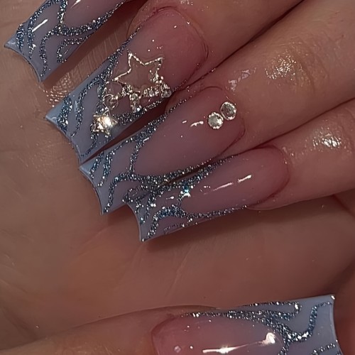 24 Pcs Square Press On Nails Long Ballerina Fake Nails With 3D Star And Rhinestone Design Glossy Glue On Nails Glitter Blue French Artificial Acrylic Nails Stick On False Nails, Jelly Glue And Nail File Included