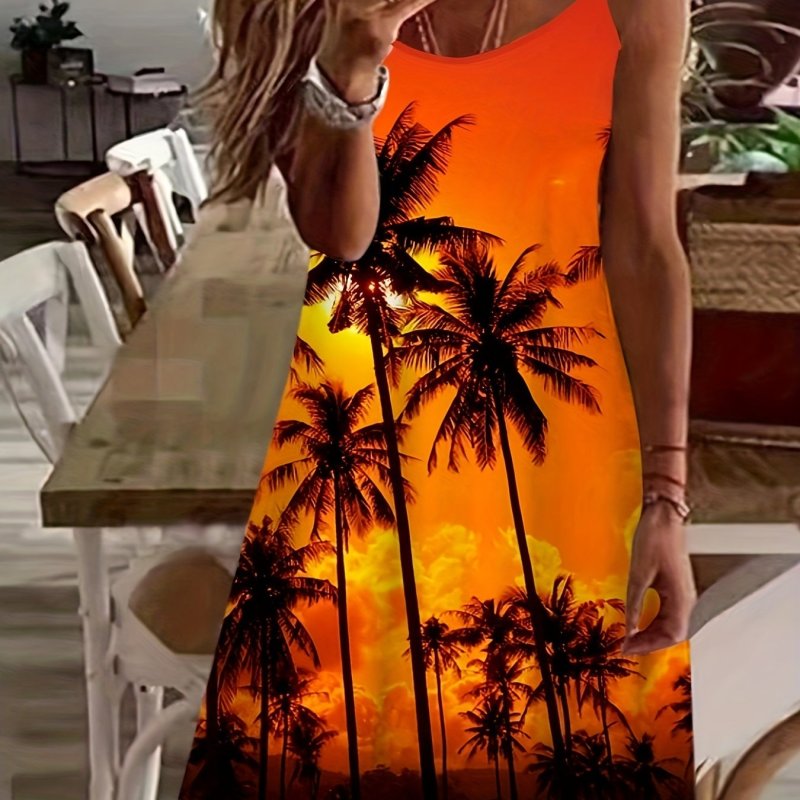 Plus Size Sexy Cami Dress, Women's Plus Painting Print Adjustable Strap Round Neck Slight Stretch Cami Dress