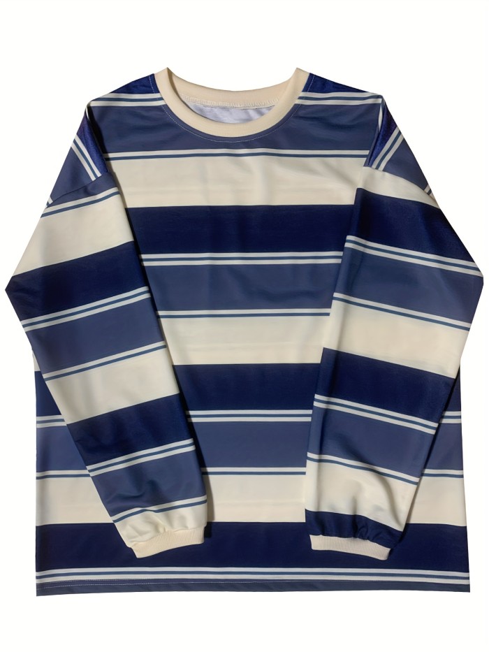 Striped Print Pullover Sweatshirt, Casual Long Sleeve Crew Neck Sweatshirt For Fall & Winter, Women's Clothing