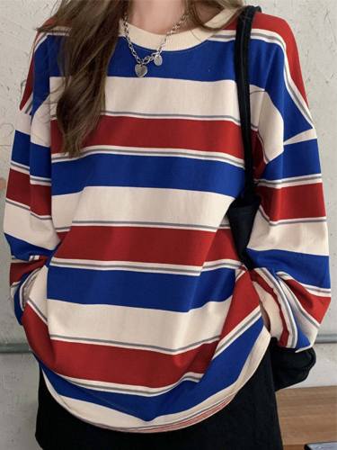 Striped Print Pullover Sweatshirt, Casual Long Sleeve Crew Neck Sweatshirt For Fall & Winter, Women's Clothing