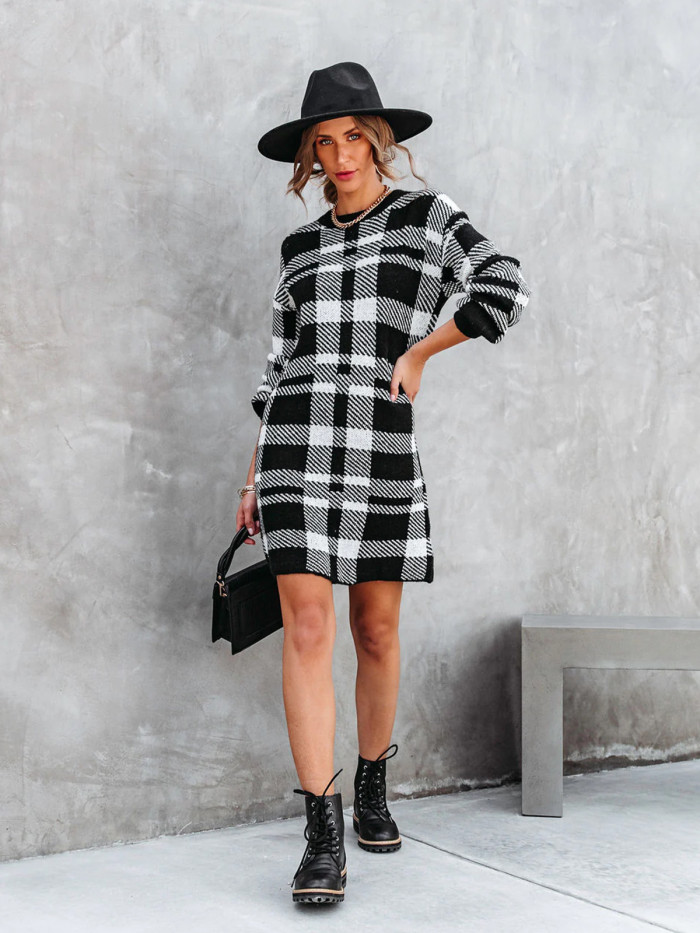 Long sleeve Urban Plaid Crew Neck Mini Dress