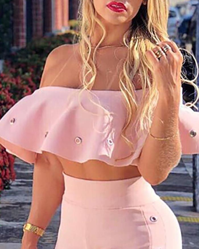 Women two piece outfits off shoulder Ruffle crop tops and flare pants 2 piece set Summer tracksuit Club festival women set