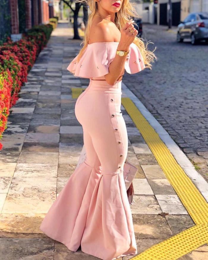Women two piece outfits off shoulder Ruffle crop tops and flare pants 2 piece set Summer tracksuit Club festival women set