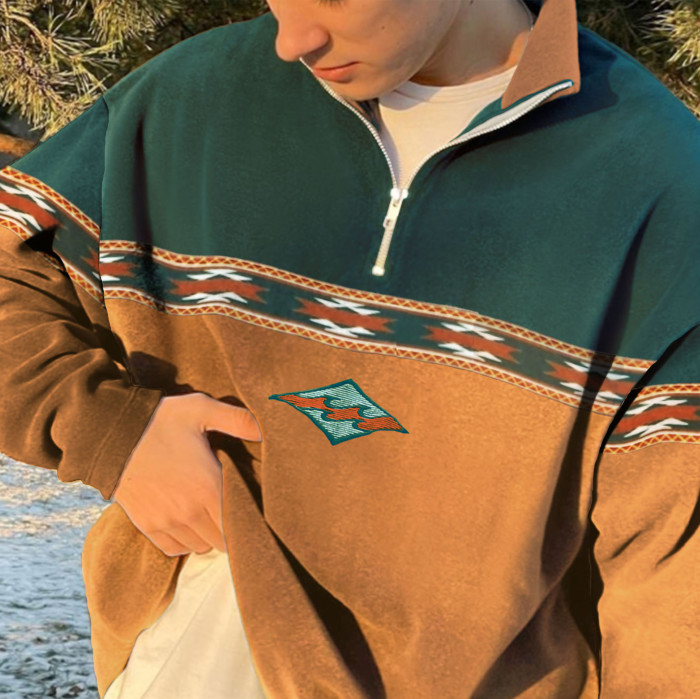 Retro Surf Stitching Polos Zipper Sweatshirt