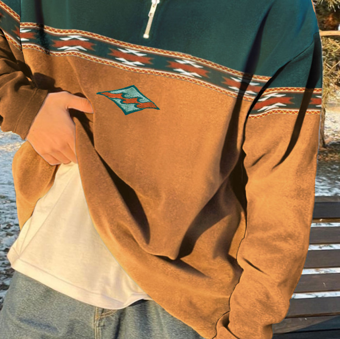 Retro Surf Stitching Polos Zipper Sweatshirt