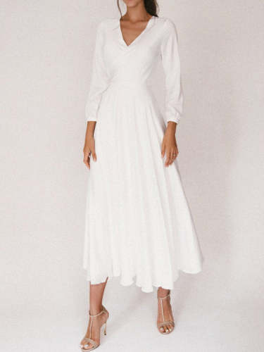 White retro V-neck long sleeve dress