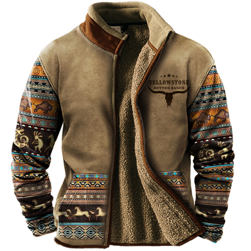 Men's Vintage West Yellowstone Colorblock Sherpa Wool Zipper Stand Collar Jacket