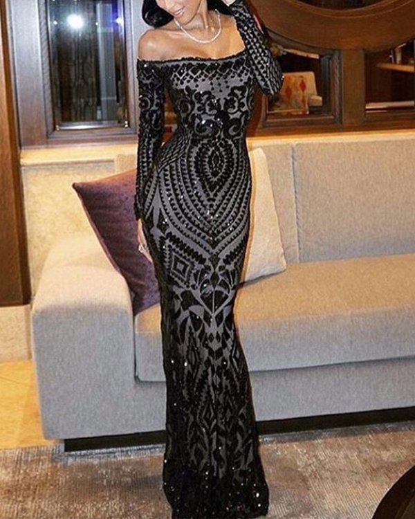 Women's Sexy Off Shoulder Sequined Lace Fishtail Evening Dress S-XXL