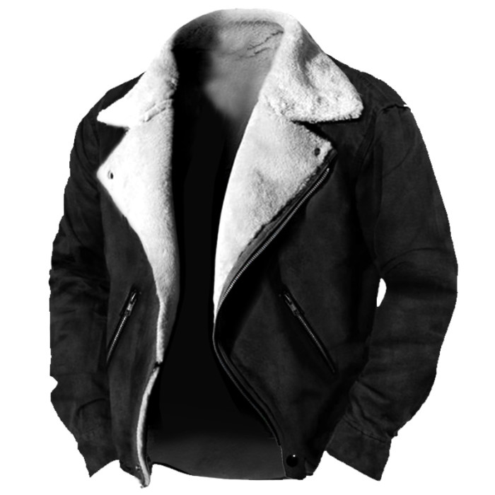 Men's Vintage Outdoor Training Suede Zip Pocket Lamb Fleece Collar Warm Jacket