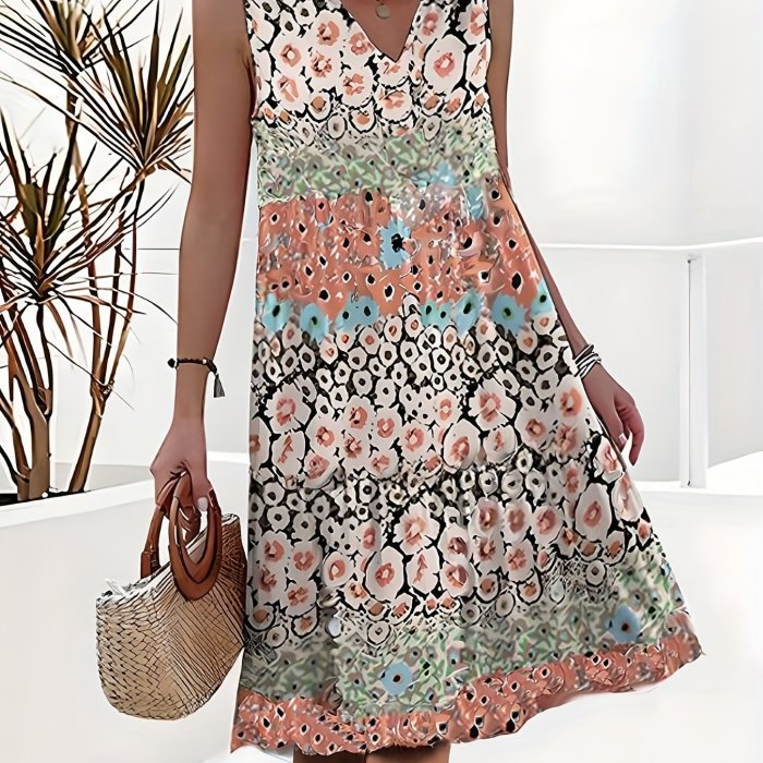 Floral Print V Neck Dress, Casual Sleeveless Tank Dress For Spring & Summer, Women's Clothing
