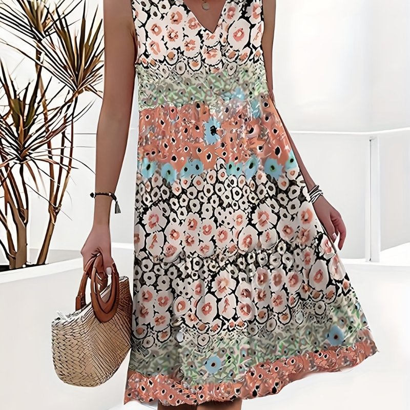 Floral Print V Neck Dress, Casual Sleeveless Tank Dress For Spring & Summer, Women's Clothing