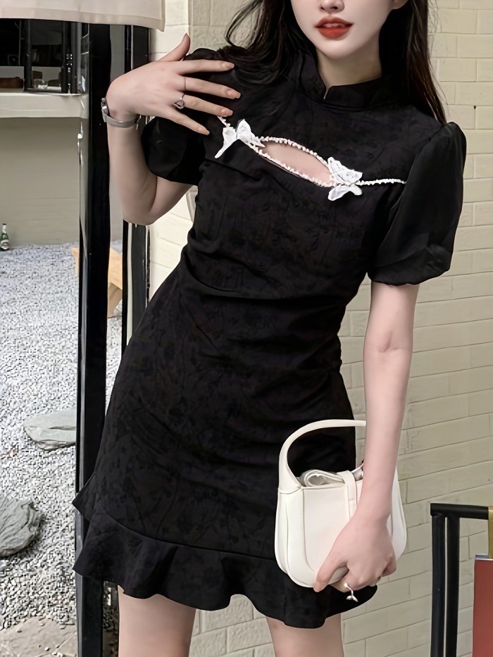 Floral Pattern Stand Collar Improved Cheongsam, Elegant Short Sleeve Ruffle Hem Dress For Spring & Summer, Women's Clothing