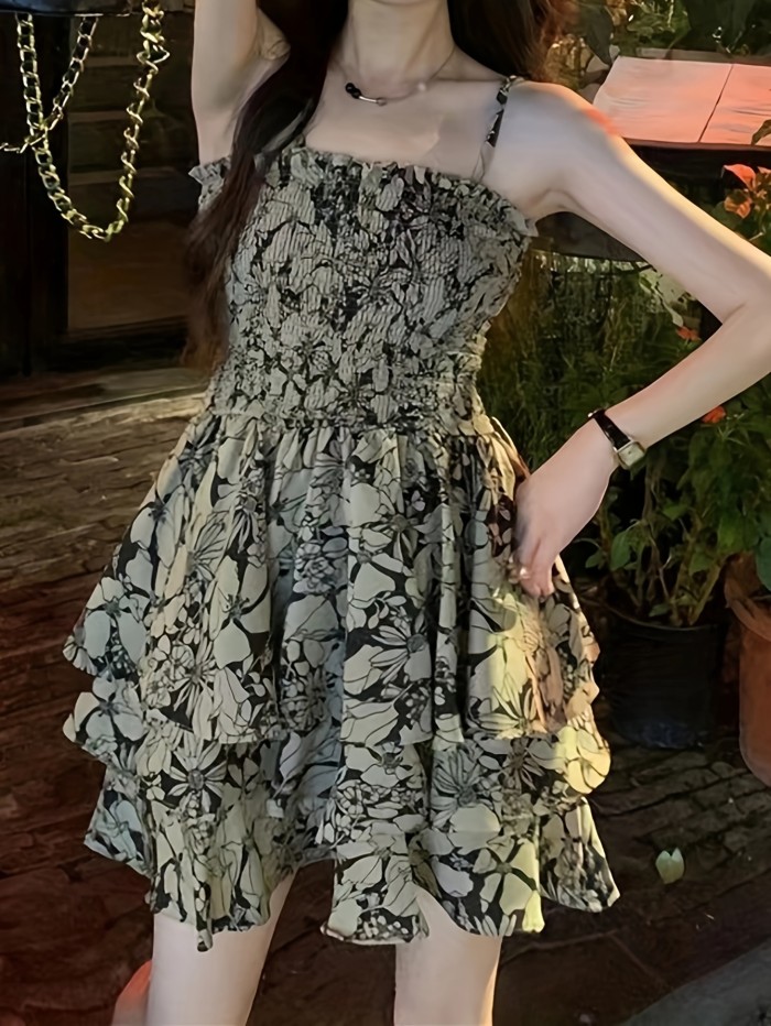 Floral Print Cami Dress, Elegant Layered Ruffle Hem Dress For Spring & Summer, Women's Clothing