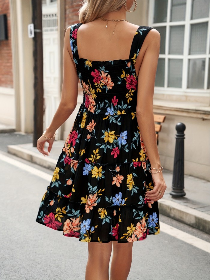 Floral Print Square Neck Dress, Elegant Sleeveless Cami Dress For Spring & Summer, Women's Clothing