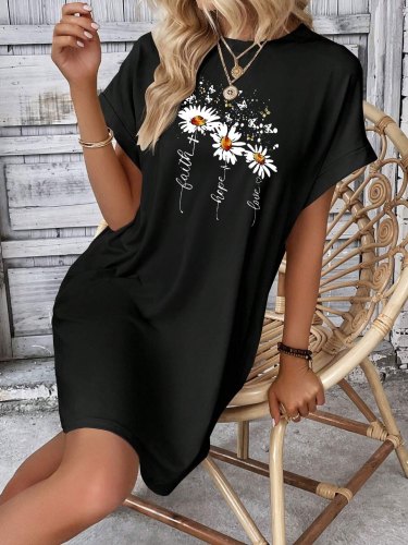 Flowers Print Tee Dress, Short Sleeve Crew Neck Casual Dress For Summer & Spring, Women's Clothing