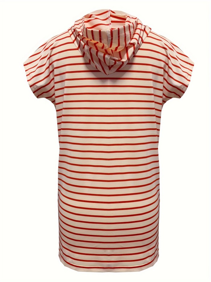 Striped Print Hooded Dress, Casual Short Sleeve Dress For Summer & Spring, Women's Clothing