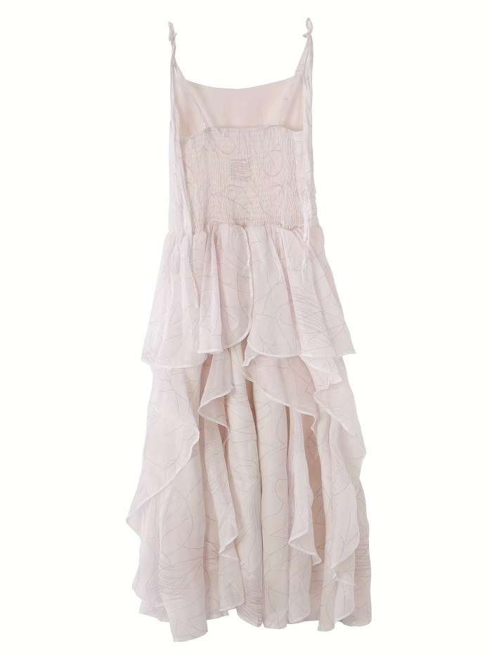 Solid Tie Strap Dress, Casual Tulle Ruffle Trim A-line Dress For Spring & Summer, Women's Clothing