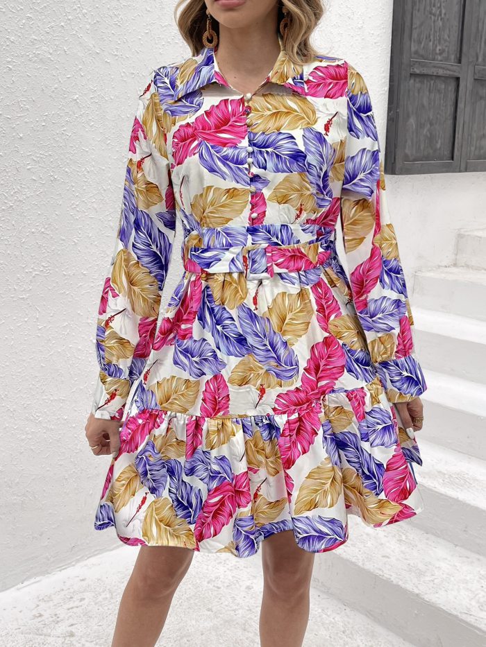 Floral Print Button Front Dress, Elegant Long Sleeve Collared Dress For Spring & Fall, Women's Clothing
