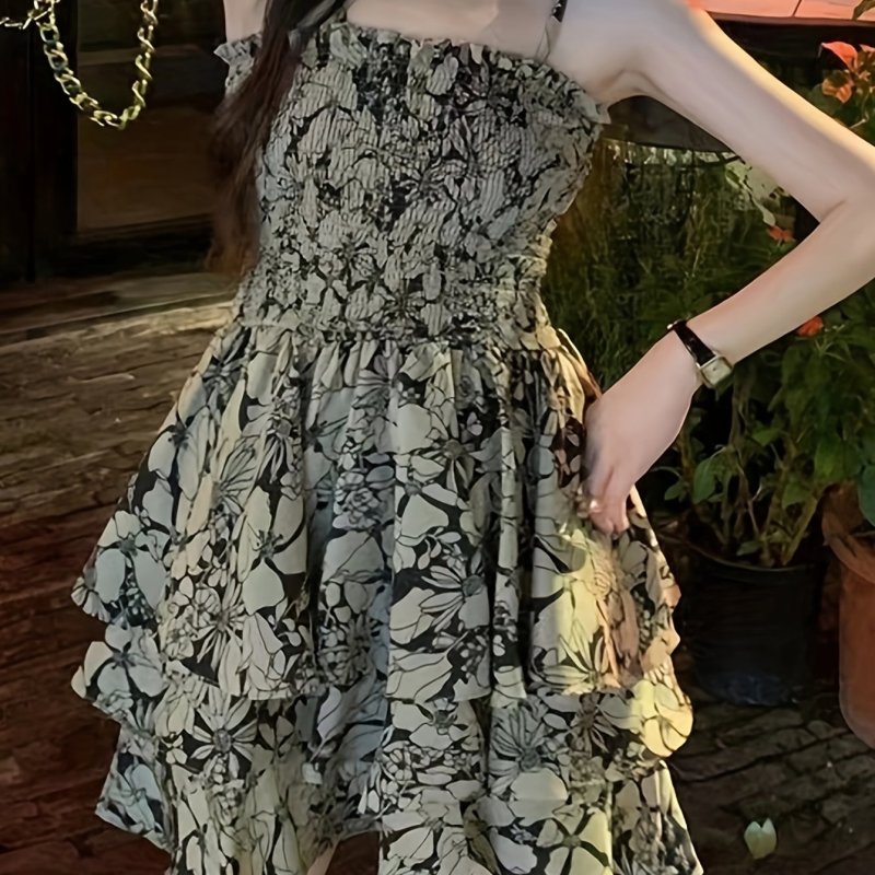Floral Print Cami Dress, Elegant Layered Ruffle Hem Dress For Spring & Summer, Women's Clothing