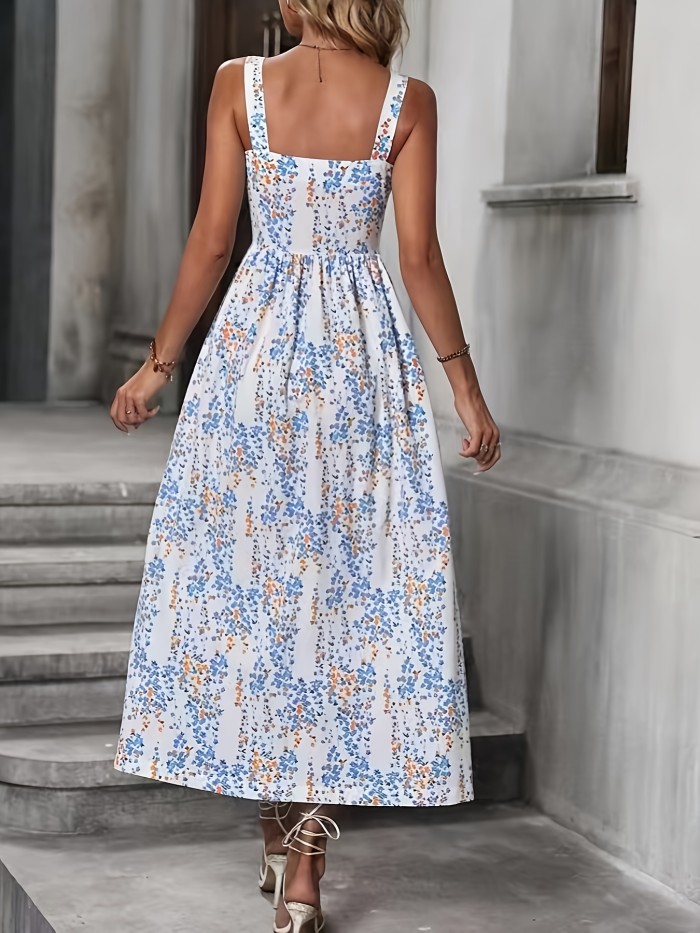 Allover Print Button Up Dress, Elegant Sleeveless Cami Dress For Spring & Summer, Women's Clothing