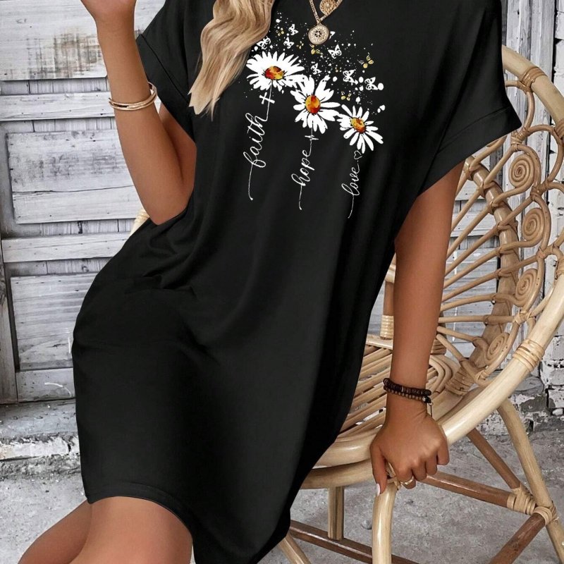 Flowers Print Tee Dress, Short Sleeve Crew Neck Casual Dress For Summer & Spring, Women's Clothing