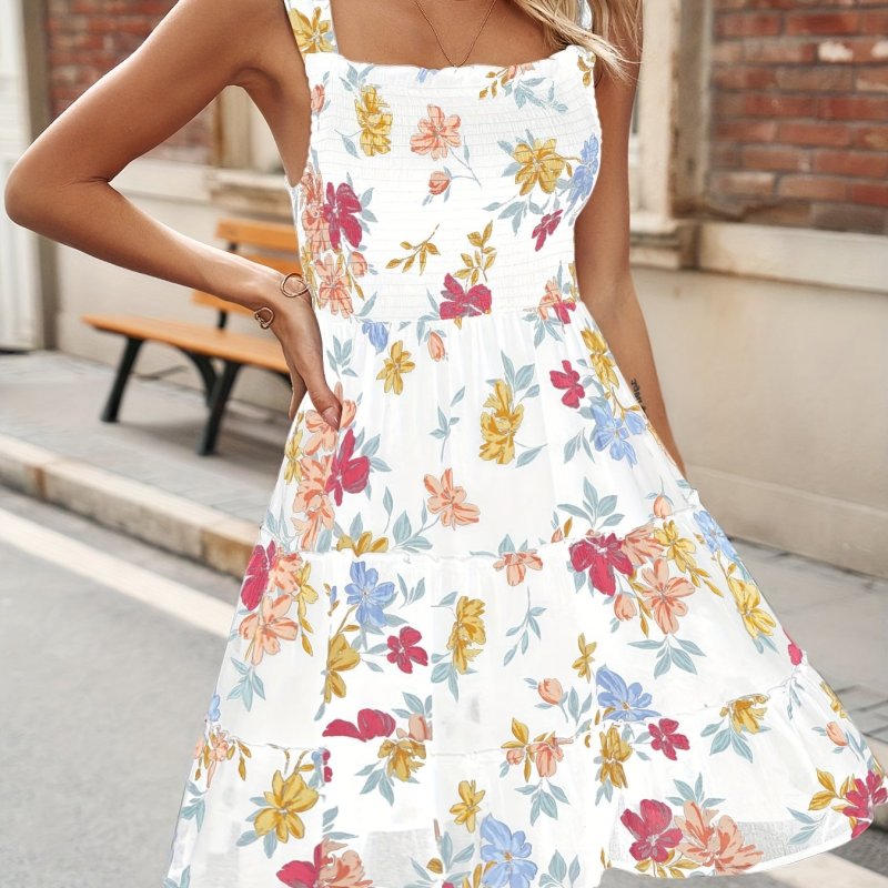 Floral Print Square Neck Dress, Elegant Sleeveless Cami Dress For Spring & Summer, Women's Clothing