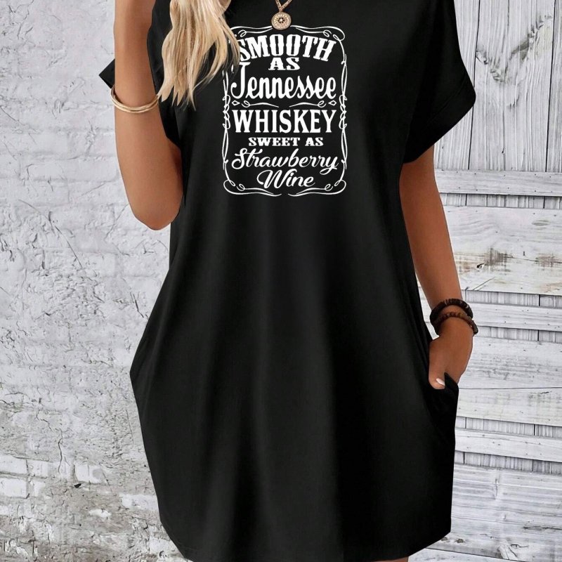 Whisky Print Tee Dress, Short Sleeve Crew Neck Casual Dress For Summer & Spring, Women's Clothing