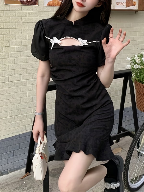 Floral Pattern Stand Collar Improved Cheongsam, Elegant Short Sleeve Ruffle Hem Dress For Spring & Summer, Women's Clothing