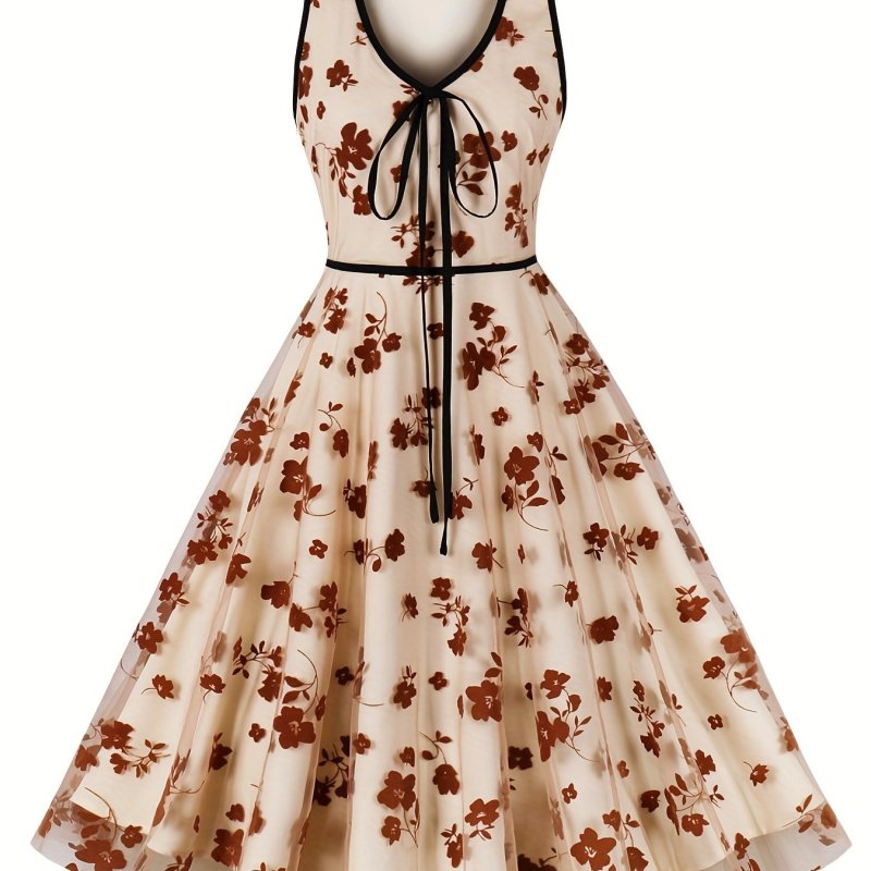 Floral Print Tied V Neck Tank Dress, Sleeveless A-line Dress For Spring & Summer, Women's Clothing