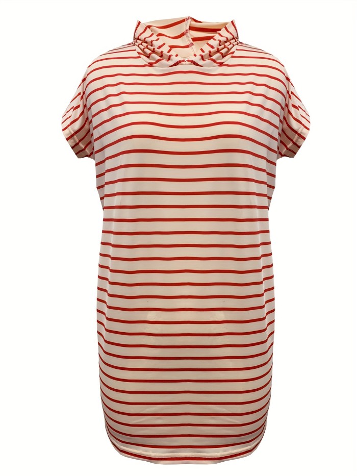 Striped Print Hooded Dress, Casual Short Sleeve Dress For Summer & Spring, Women's Clothing