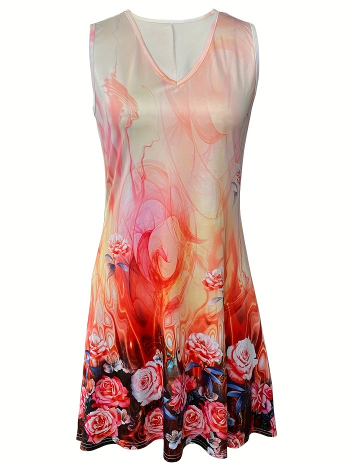 Floral Print V-neck Tank Dress, Vacation Sleeveless Dress For Summer & Spring, Women's Clothing