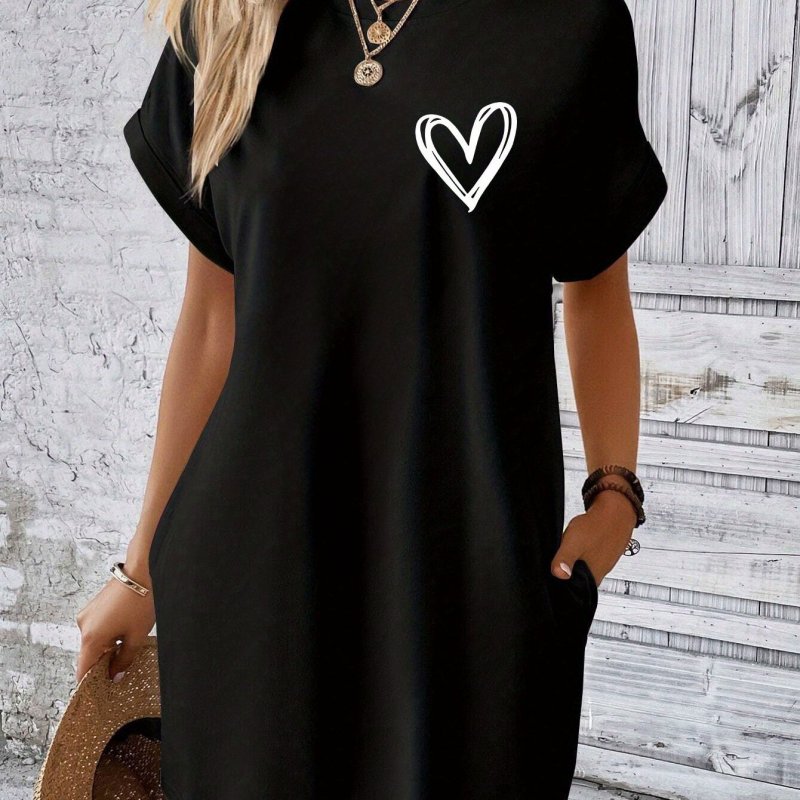 Heart Print Tee Dress, Short Sleeve Crew Neck Casual Dress For Summer & Spring, Women's Clothing