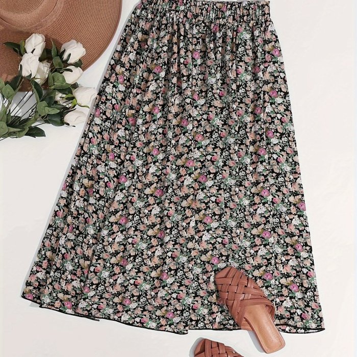 Boho Ditsy Floral Print Skirts, Vacation A Line Ruched Midi Skirts, Women's Clothing