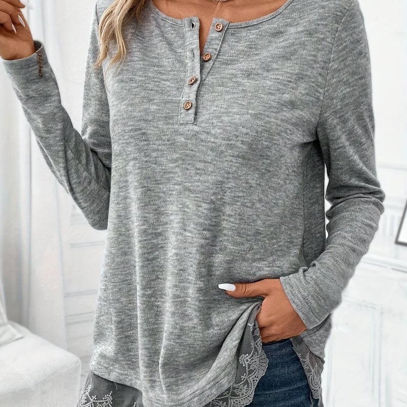 Solid Contrast Lace Button Front T-shirt, Casual Long Sleeve Crew Neck Top, Women's Clothing