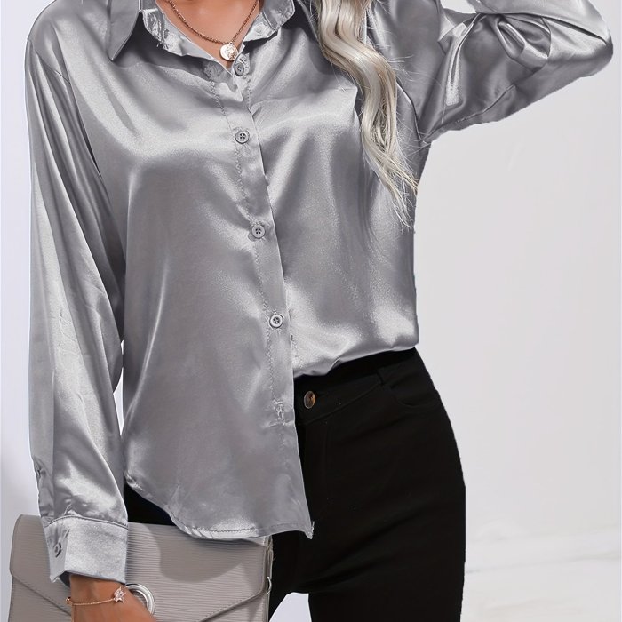 Solid Smoothly Shirt, Elegant Button Front Turn Down Collar Long Sleeve Shirt, Women's Clothing