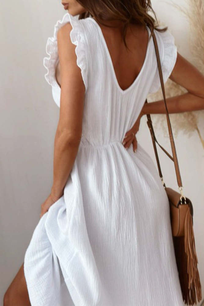 Casual Simplicity Solid Slit Stringy Selvedge V Neck Long Dress Dresses