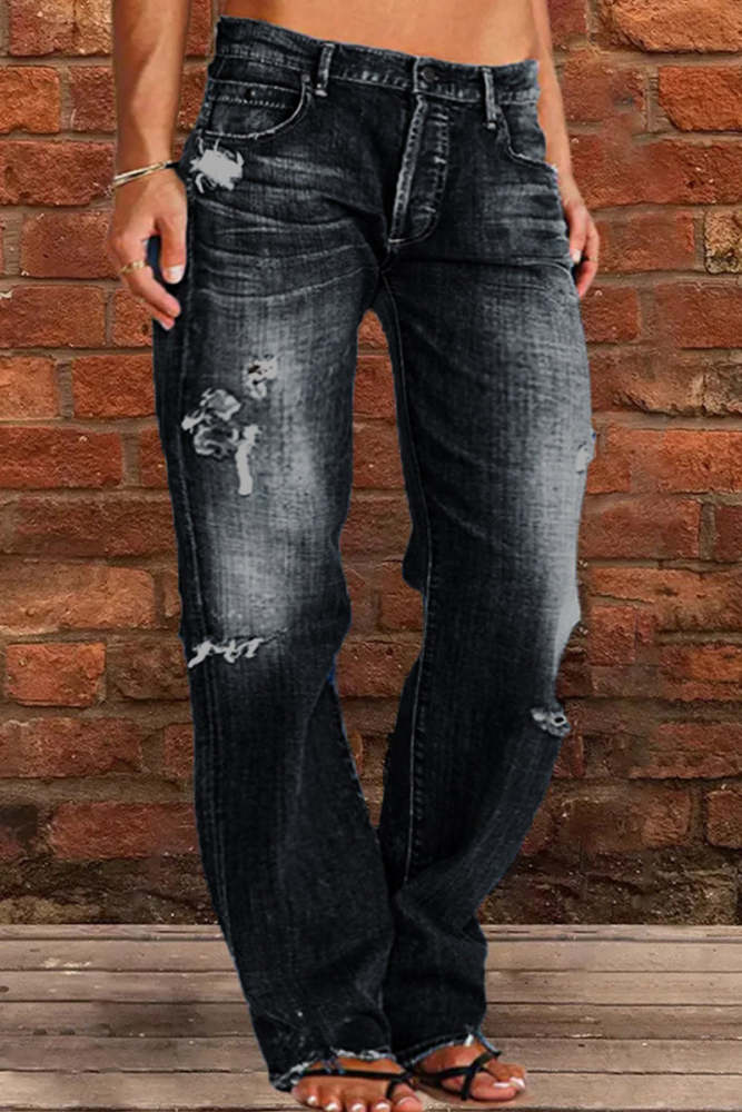 Casual Street Patchwork Ripped Straight Denim Jeans(4 Colors)