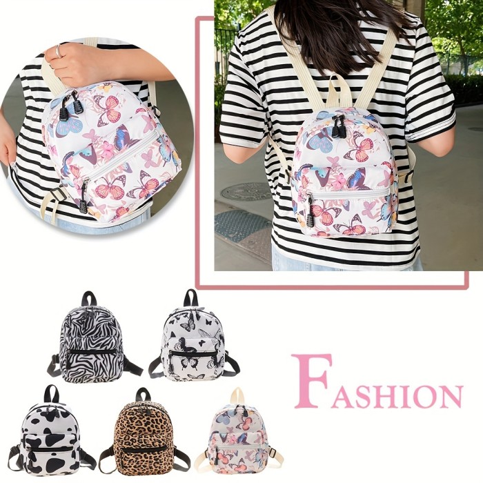 1pc Fashion Casual Animal Pattern Nylon Ladies Mini Backpack, School Bag