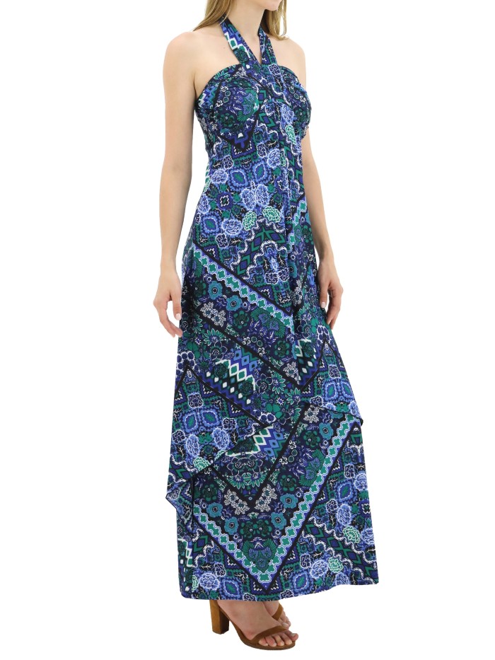 Halter Neck Maxi Beach Dress, Bohemian Sleeveless Backless Summer Tribal Print Dress, Women's Clothing