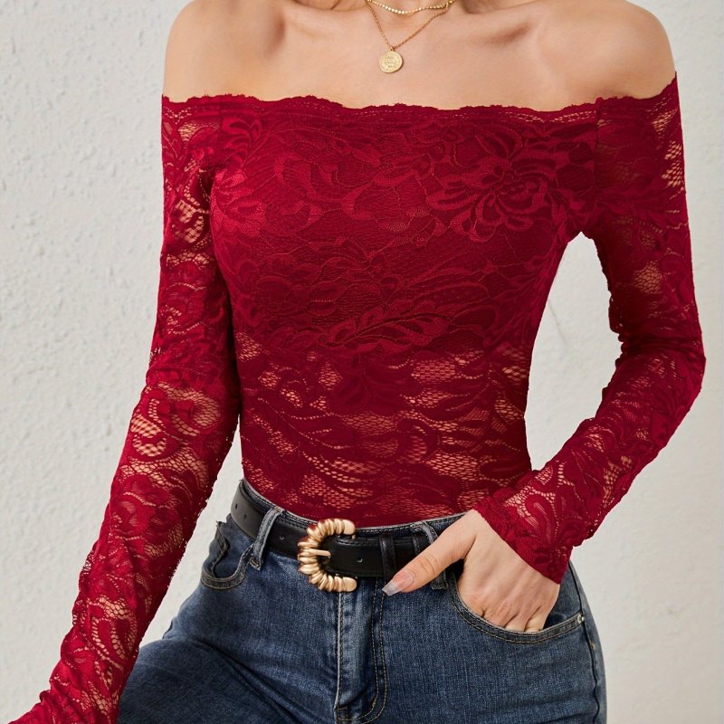 Solid Lace Off Shoulder Slim T-Shirt, Elegant Long Sleeve T-Shirt For Spring & Fall, Women's Clothing
