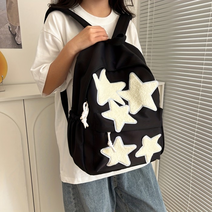 Kawaii Star Decor Backpack, Cute Preppy Canvas School Bag, Women's Everyday Laptop Bag & Rucksack