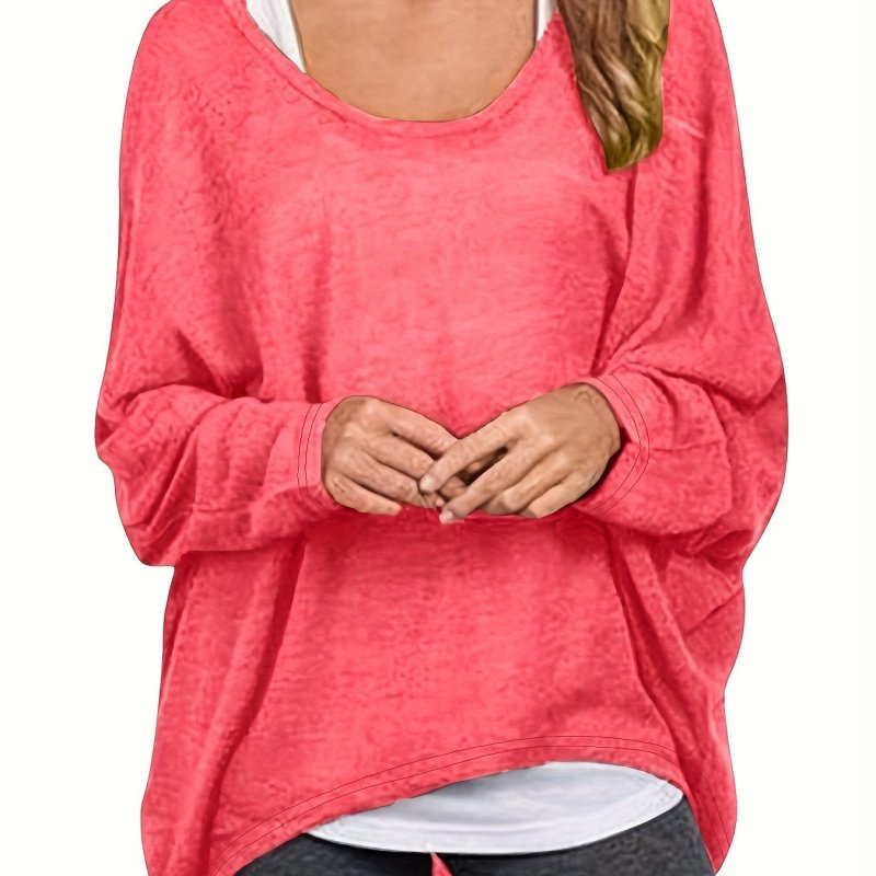 Plus Size Casual T-shirt, Women's Plus Solid Bat Sleeve Round Neck Slight Stretch Pullover T-shirt