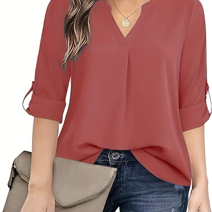 Solid Simple Blouse, Casual V Neck Long Sleeve Blouse, Women's Clothing