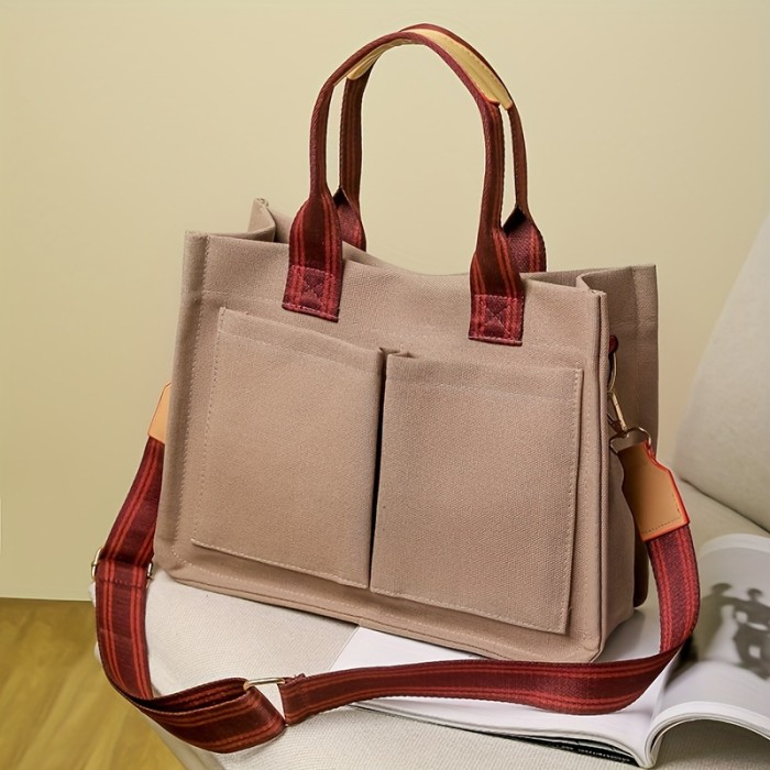 Multi Pockets Canvas Tote Bag, Large Capacity Crossbody Bag, Portable Shoulder Bag For School Travel Work
