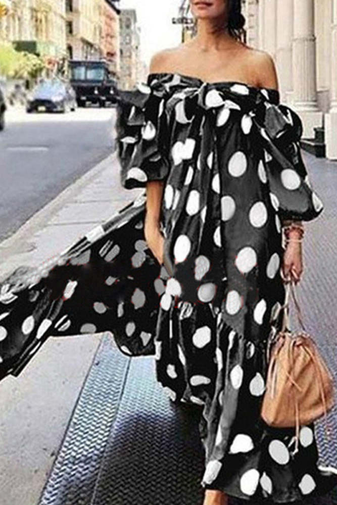 Street Elegant Polka Dot Printing Off the Shoulder Printed Dress Dresses(4 Colors)