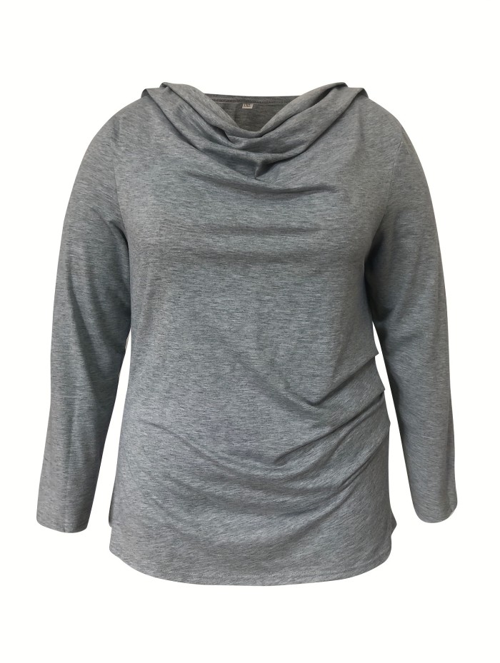 Plus Size Casual T-shirt, Women's Plus Solid Long Sleeve Turtleneck Slight Stretch T-shirt