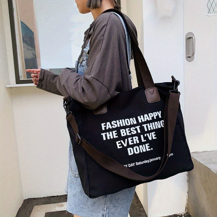 Waterproof Nylon Shoulder Bag, Women's Cartoon Badge Decor Crossbody Zipper Purse