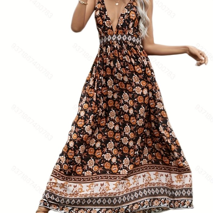 Floral Print Backless Dress, Boho Plunging Sleeveless Maxi Dress, Women's Clothing